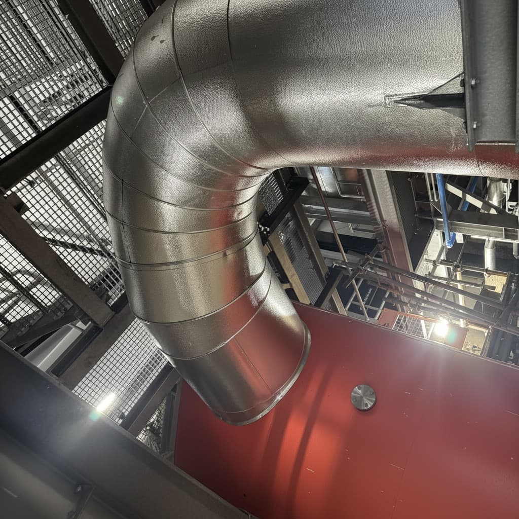 Aluminium-clad insulated pipe elbow running through a steel structure
