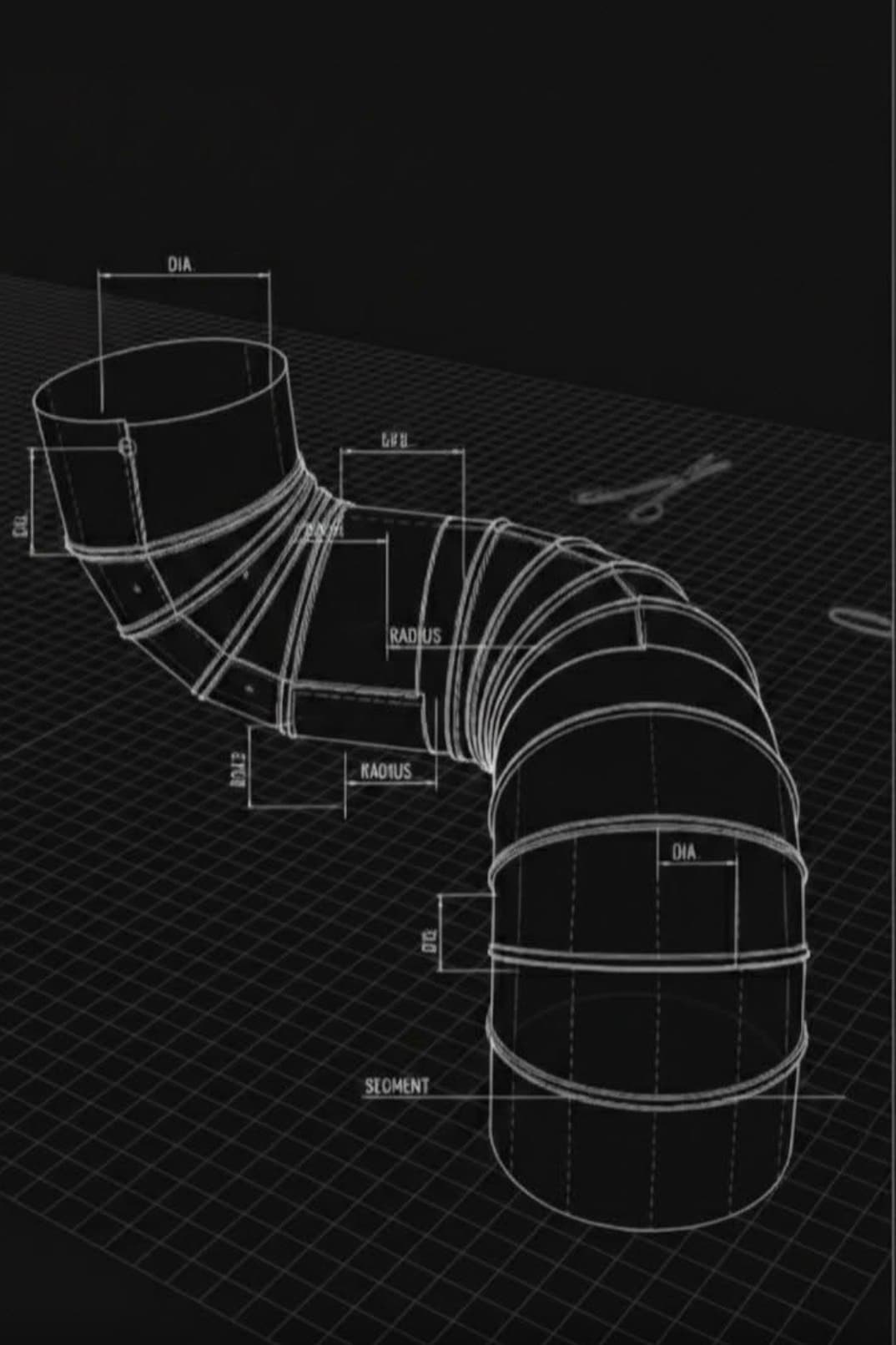 Technical drawing of a segmented insulation elbow with dimensions