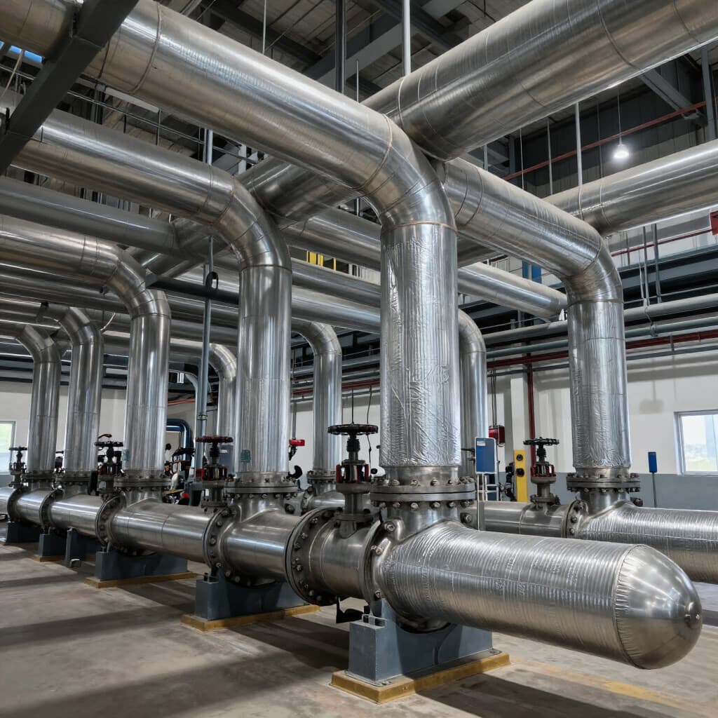 Rows of aluminium-clad insulated pipework and valves in a process plant