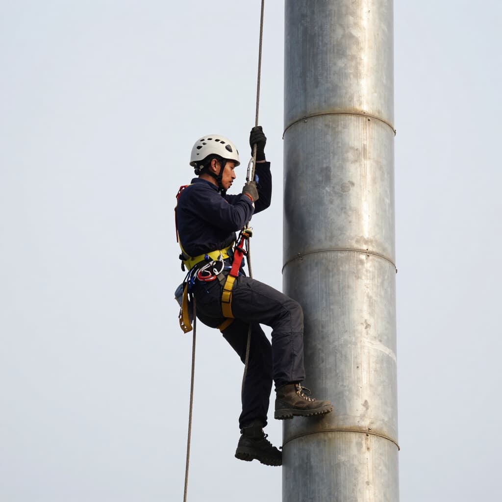 Rope access technician in full harness on a steel stack